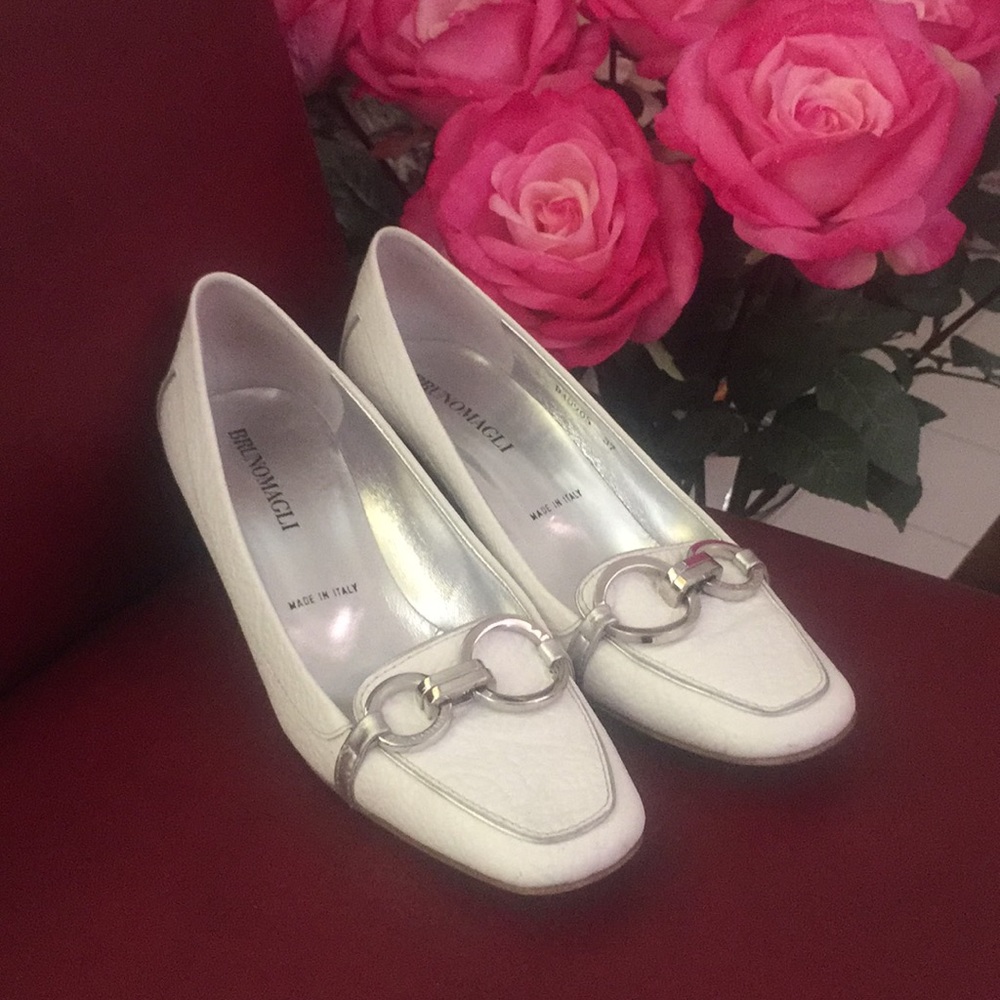 Bruno Magli white leather 2” heels & silver trim